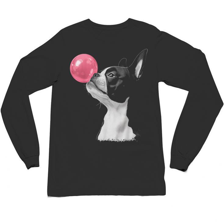 Boston Terrier Dog Blowing Chewing Bubble Gum Pink Unisex Long Sleeve T-Shirt