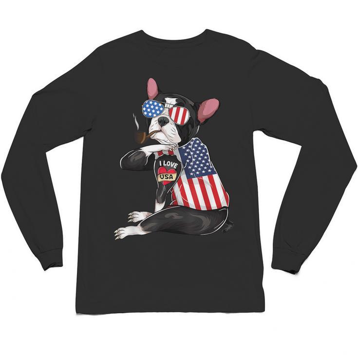 Boston Terrier Dog Merica 4th Of July Usa American Flag Men Unisex Long Sleeve T-Shirt