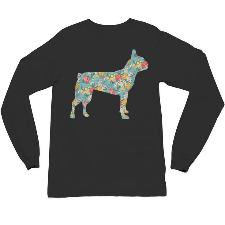 Boston Terrier Flower Silhouette Floral Dog Men Women Girls Kids Unisex Long Sleeve T-Shirt