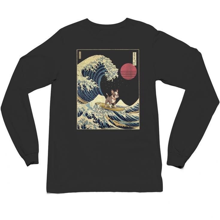 Boston Terrier Japanese Kanagawa Wave Surf Dog Unisex Long Sleeve T-Shirt