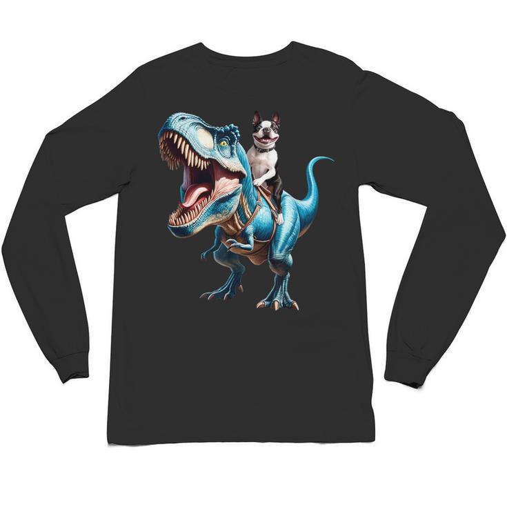 Boston Terrier Riding T-Rex Dinosaur Dog Lover Unisex Long Sleeve T-Shirt