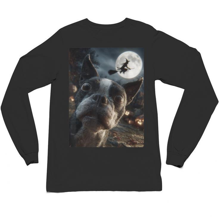 Boston Terrier Selfie Full Moon Flying Witch Halloween Dog Unisex Long Sleeve T-Shirt
