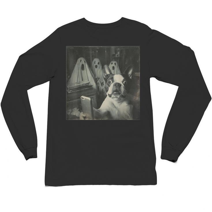 Boston Terrier Selfie With Ghosts Halloween Dog Lover Unisex Long Sleeve T-Shirt