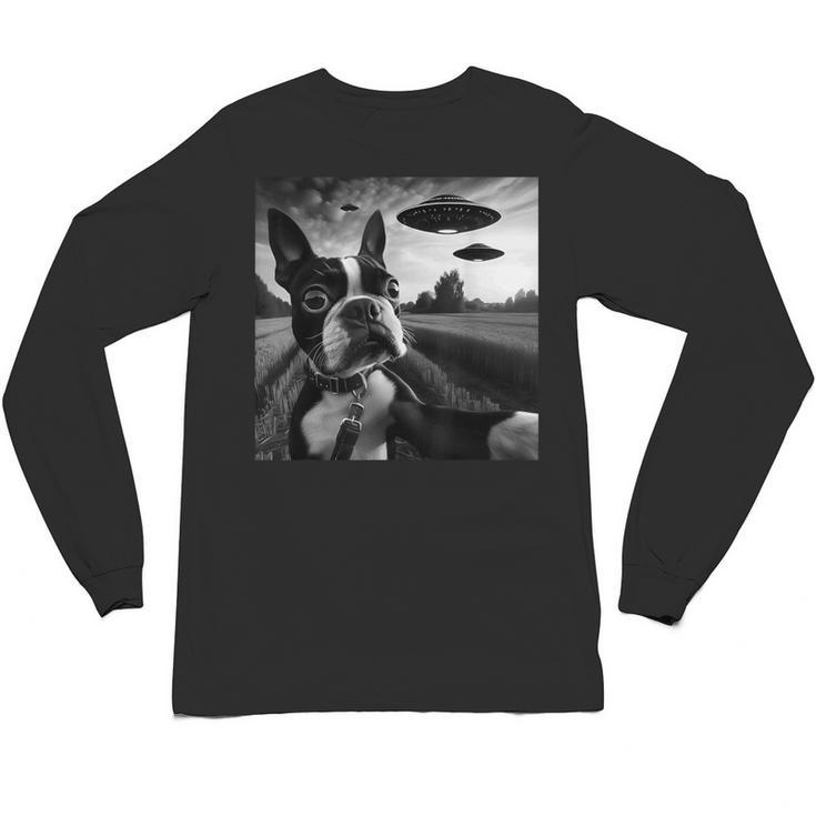 Boston Terrier Graphic Selfie With UFOs Weird Aliens Unisex Long Sleeve T-Shirt