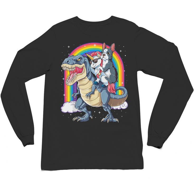 Boston Terrier Unicorn Riding Dinosaur T-Rex Girls Rainbow Unisex Long Sleeve T-Shirt