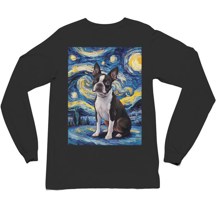 Boston Terrier Van Gogh Starry Night Unisex Long Sleeve T-Shirt