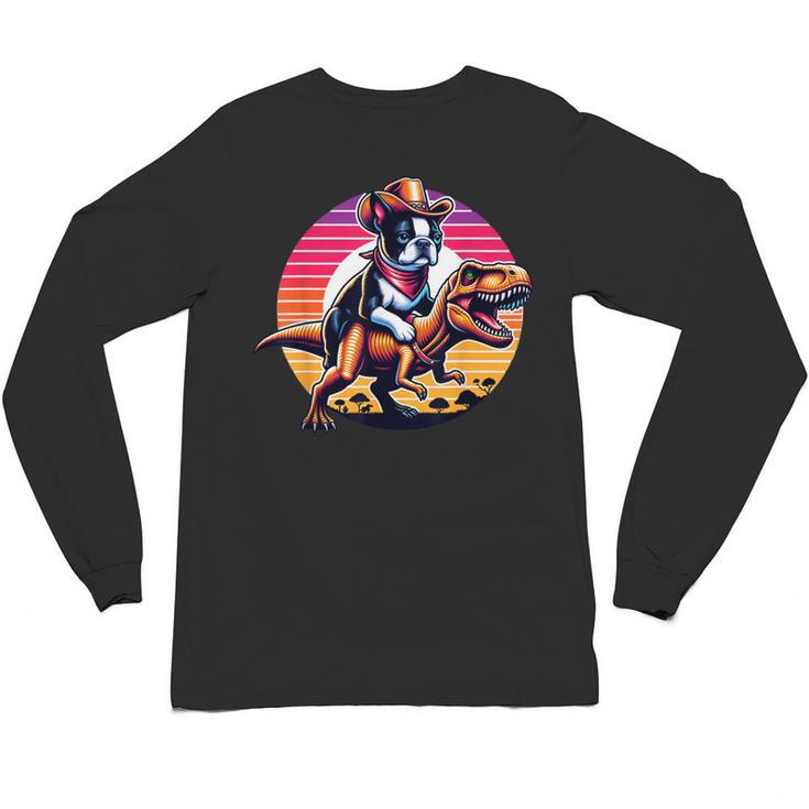 Boston Terrier Wearing A Cowboy Hat On T-Rex Unisex Long Sleeve T-Shirt