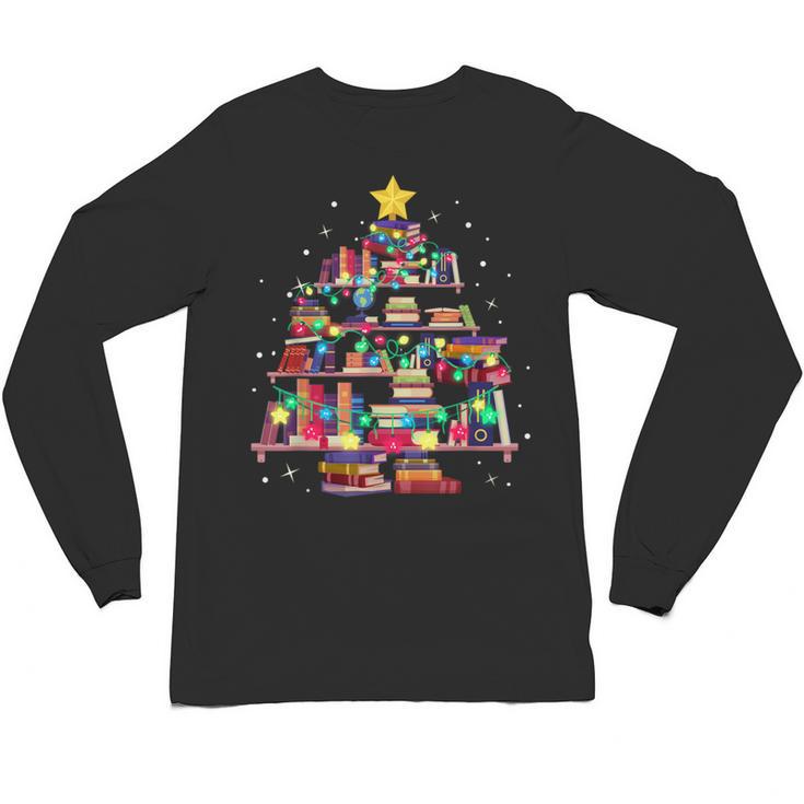 Christmas Library Tree Love Reading Books Nerd Teacher Unisex Long Sleeve T-Shirt