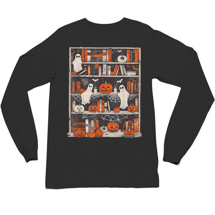 Cute Ghost Book Reading Books Lover Spooky Teacher Halloween Unisex Long Sleeve T-Shirt