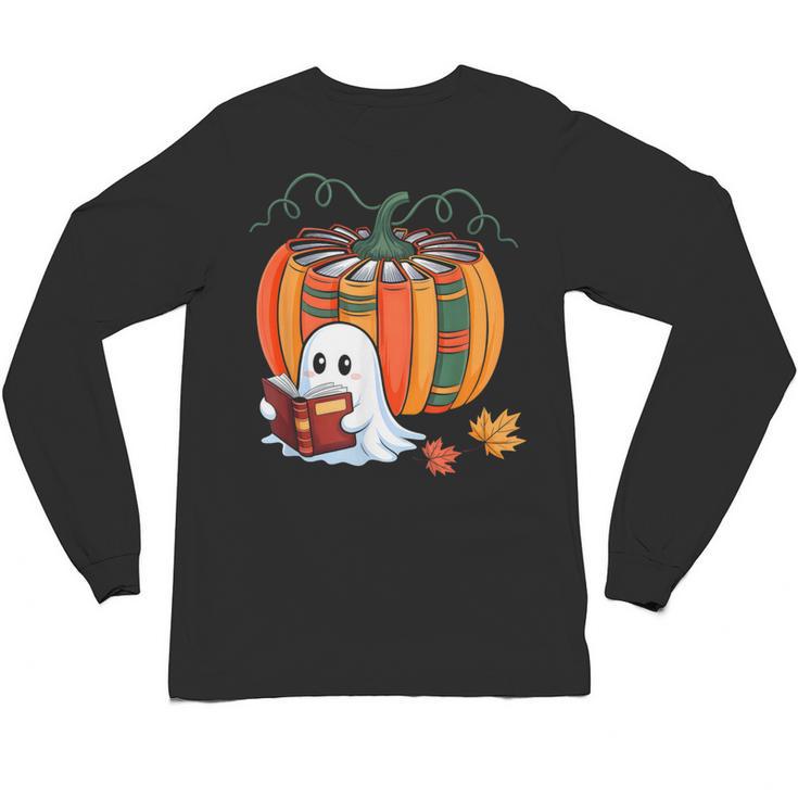 Fall Book Pumpkin Ghost Reading Books Halloween Teacher Unisex Long Sleeve T-Shirt
