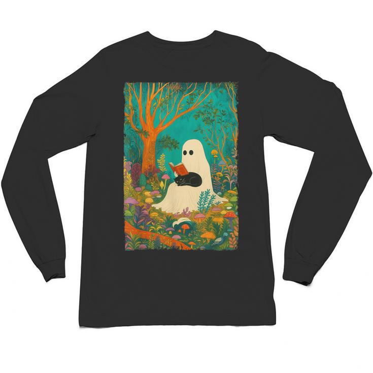 Groovy Ghost Reading Book Cat Halloween Ghost Teacher Unisex Long Sleeve T-Shirt