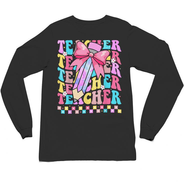 Groovy Teacher Cute Coquette Bow Flower Retro Back To School Unisex Long Sleeve T-Shirt