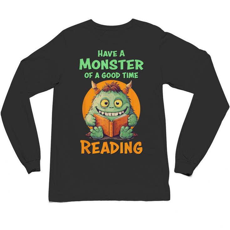 Halloween Teacher Librarian Monster Reading Books Men Women Kids Unisex Long Sleeve T-Shirt