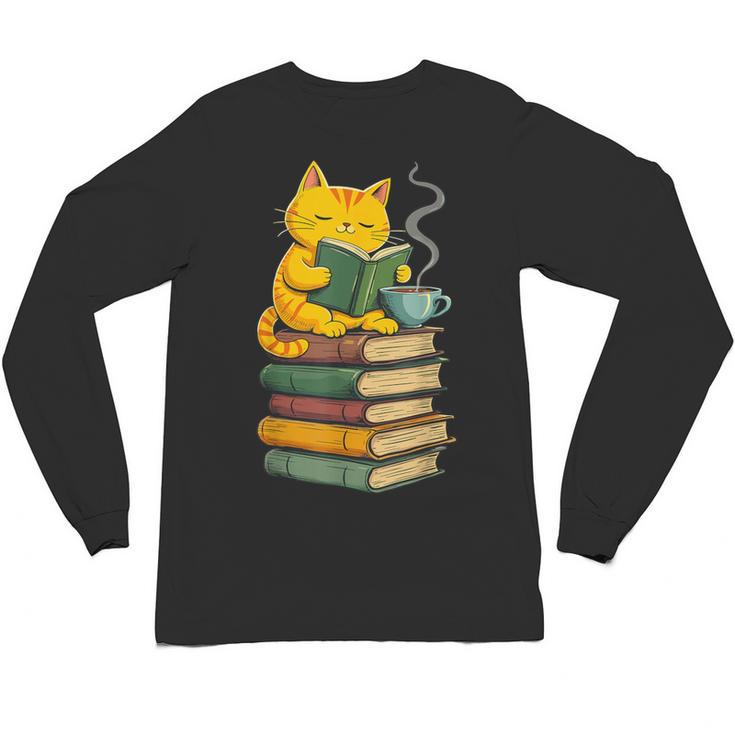 Kawaii Cats Lover Coffee Books Teacher Librarian Cat Unisex Long Sleeve T-Shirt