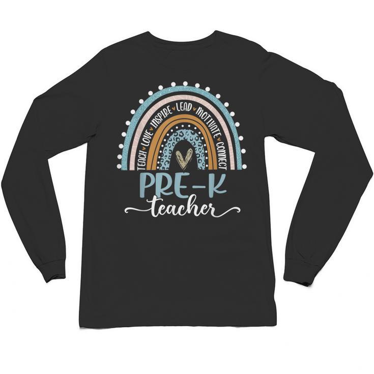Pre-K Teacher Leopard Boho Rainbow Back To School Unisex Long Sleeve T-Shirt