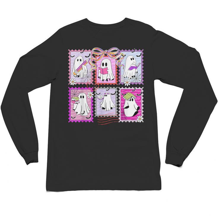 Preppy Spooky Teacher Halloween Ghost Coquette Bow Autumn Unisex Long Sleeve T-Shirt