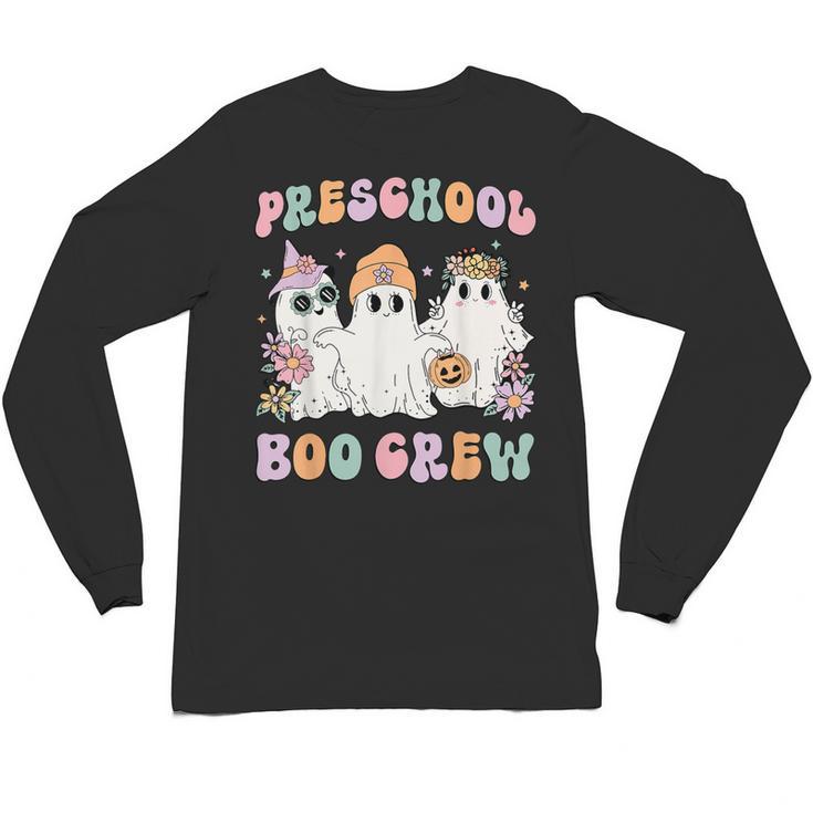 Preschool Boo Crew Groovy Halloween Floral Ghost Teacher Men Women Kids Unisex Long Sleeve T-Shirt