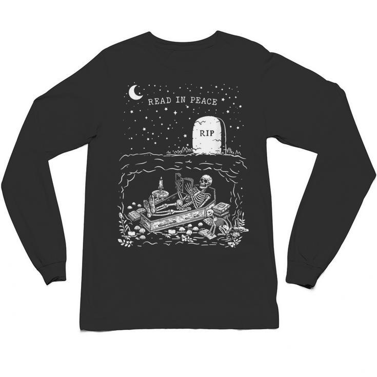 Read In Peace Skeleton Halloween Book Reading Spooky Teacher Unisex Long Sleeve T-Shirt