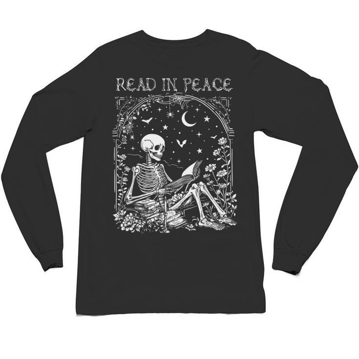Read In Peace Skeleton Reading Teacher Spooky Halloween Unisex Long Sleeve T-Shirt