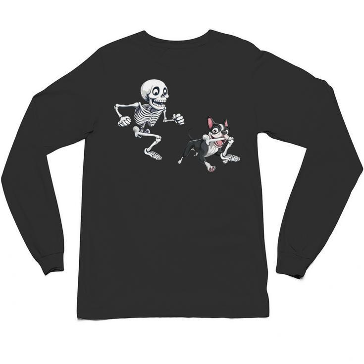 Skeleton Chasing Dog Boston Terrier Halloween Pet Lover Unisex Long Sleeve T-Shirt