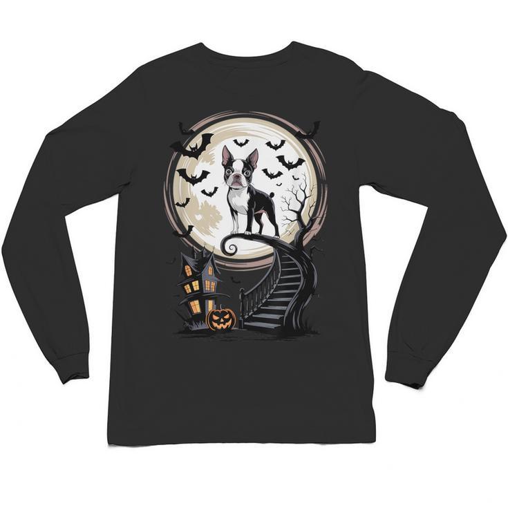Spooky Halloween Moon Boston Terrier Boston Bull Bostie Unisex Long Sleeve T-Shirt