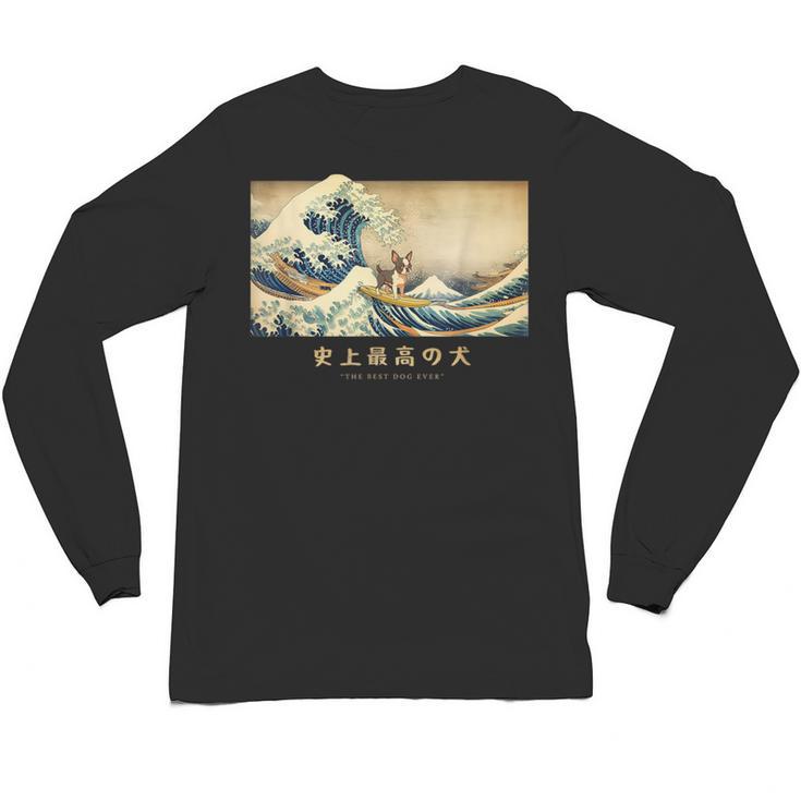 Surfing Boston Terrier Kanagawa Wave Japanese Dog  For Men Women Kids Unisex Long Sleeve T-Shirt