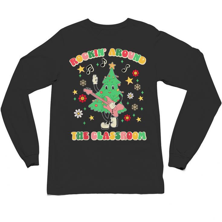 Teacher Christmas Shirts Pajama Matching Rockin' Around The Classroom -Adult Short Sleeve Small Modern Festive Christmas Teacher Xmas Vibes T-Shirt Unisex Long Sleeve T-Shirt