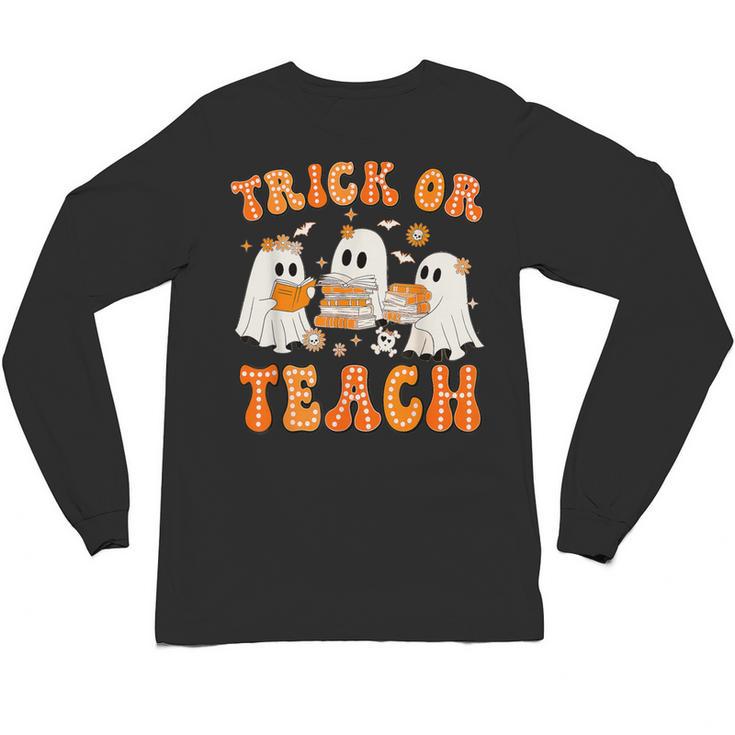 Teacher Halloween Trick Or Teach Retro Groovy Floral Ghost Unisex Long Sleeve T-Shirt