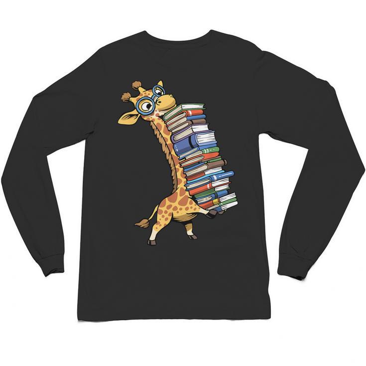 Teacher Shirt Giraffe Holding Books Bookworm Librarian Unisex Long Sleeve T-Shirt