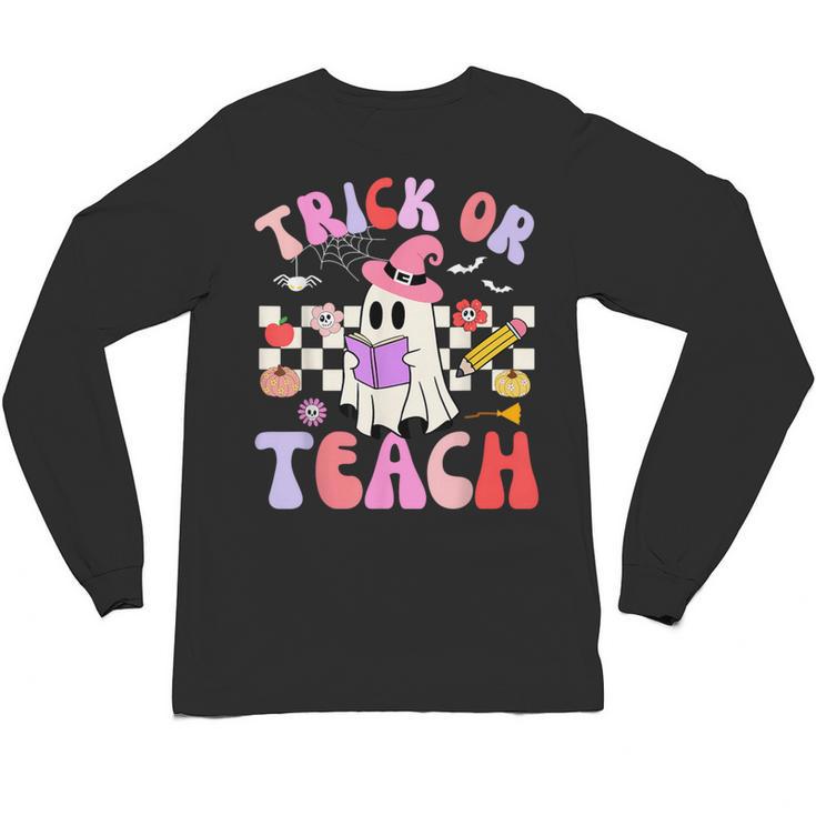 Trick Or Teach Halloween Teacher Floral Ghost Groovy Unisex Long Sleeve T-Shirt