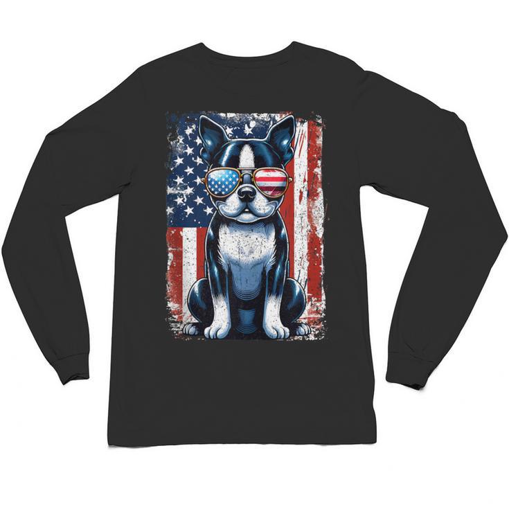Vintage Boston Terrier Dog American USA US Flag Pets Lovers Tank Top Unisex Long Sleeve T-Shirt