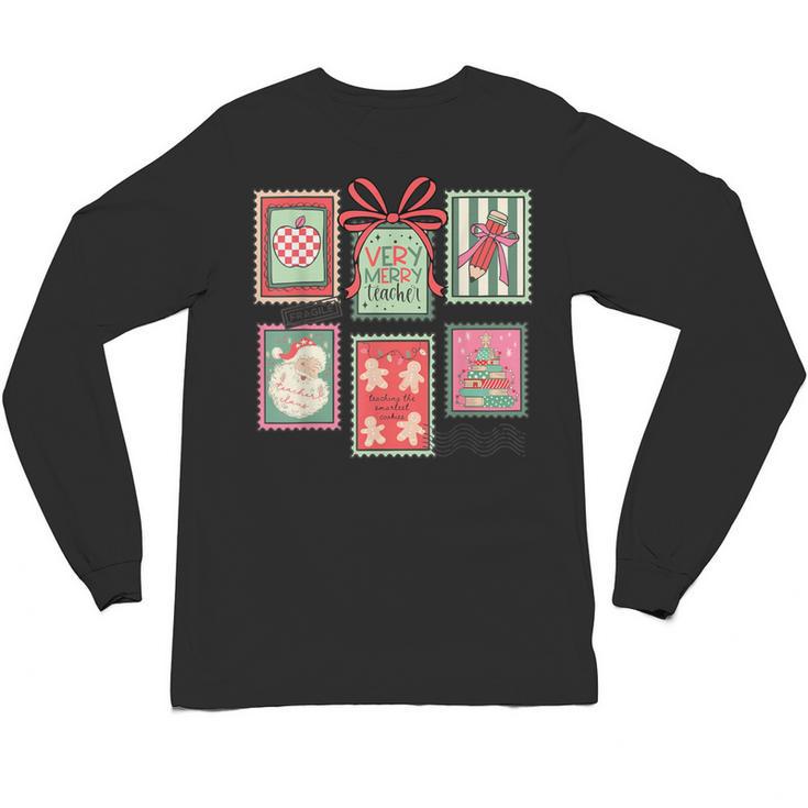 Vintage Preppy Very Merry Teacher Santa Stamps Christmas Unisex Long Sleeve T-Shirt