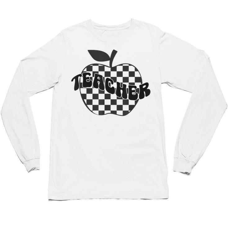 Back To School Checkered Apple Teacher Checkerboard Teacher For Men Women Girls Kids Unisex Long Sleeve T-Shirt