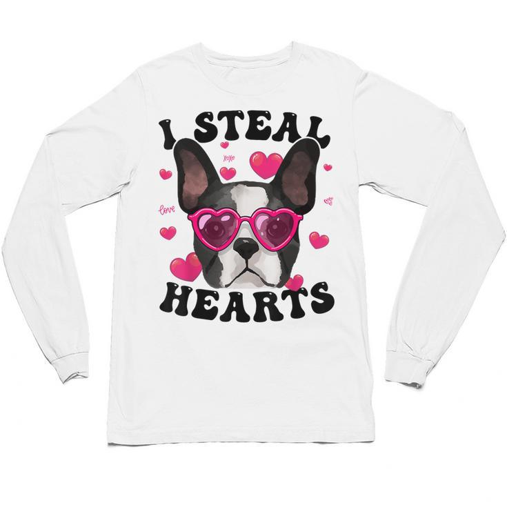 Boston Terrier Heart Glasses Girls Bostie Valentines Day Unisex Long Sleeve T-Shirt
