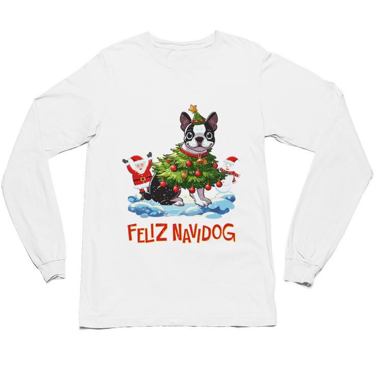 Boston Terrier Merry Christmas Tree Lights Dog X-Mas Dogs Unisex Long Sleeve T-Shirt