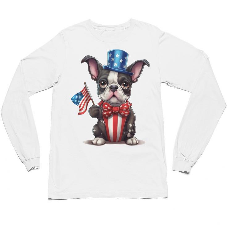 Boston Terrier Puppy Dog Holds His American Flag 4th Of July Unisex Long Sleeve T-Shirt