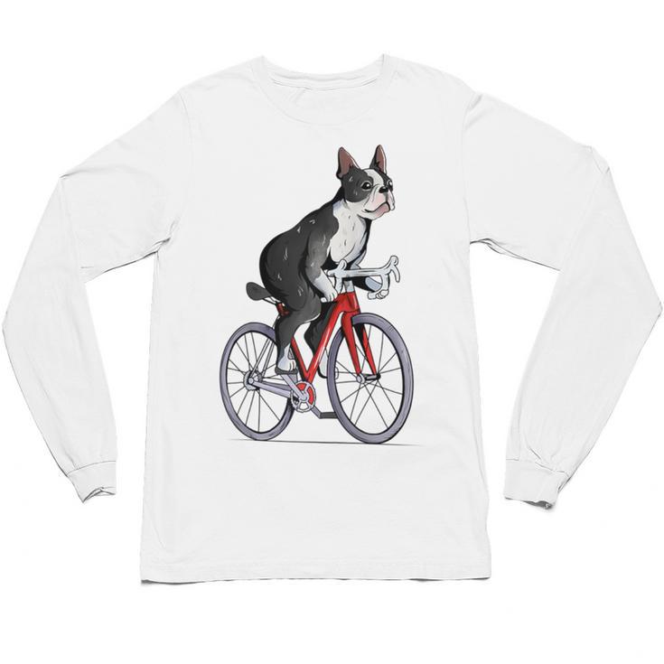 Boston Terrier Riding Bicycle Cute Bostie Biker Raglan Baseball Tee Unisex Long Sleeve T-Shirt