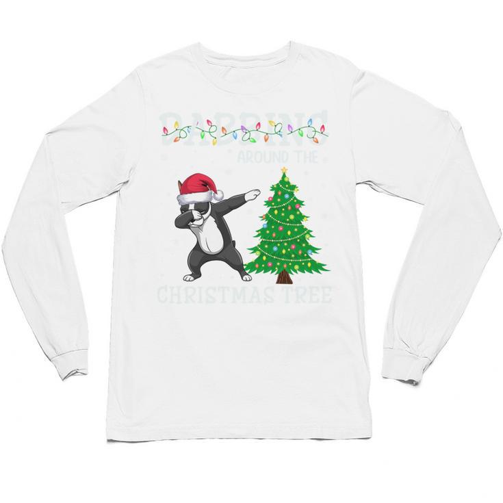 Boston Terrier Santa Hat Dabbing Around The Christmas Tree Unisex Long Sleeve T-Shirt