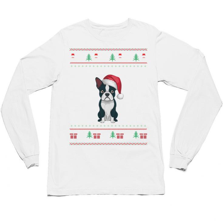 Boston Terrier Wearing Santa Hat Ugly Xmas Dog Lovers Unisex Long Sleeve T-Shirt