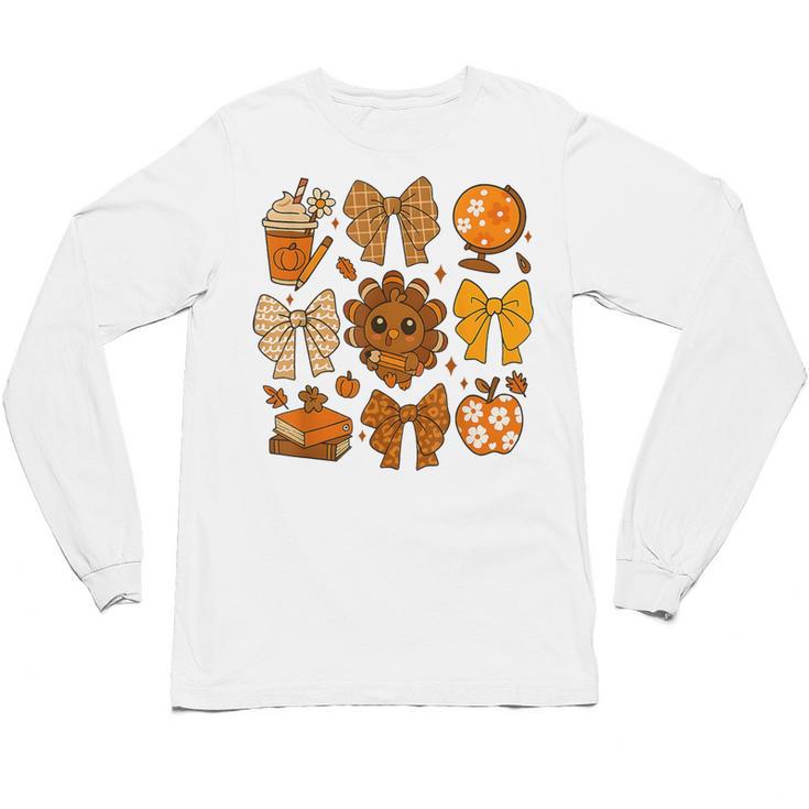 Coquette Teach Teacher Bows Thanksgiving Turkey Fall Autumn Unisex Long Sleeve T-Shirt, trending gift Coquette Teach Teacher Bows Thanksgiving Turkey Fall Autumn Unisex Long Sleeve T-Shirt, trending gift