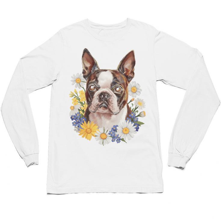 Floral Boston Terrier Unisex Long Sleeve T-Shirt