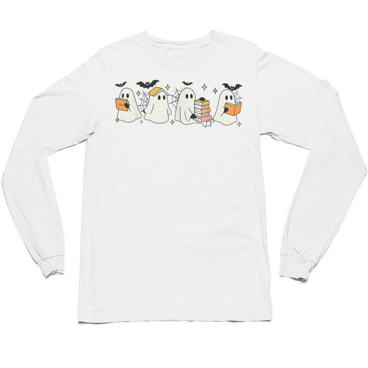 Ghosts Reading Books Library Halloween Teacher Men Women Kid Unisex Long Sleeve T-Shirt