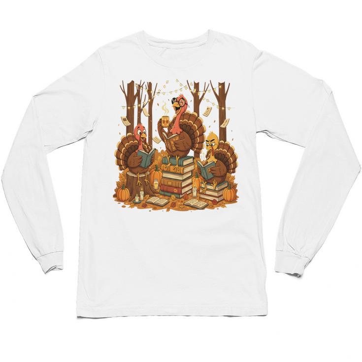 Librarian Turkey Reading Book Fall Thanksgiving Teacher Book Unisex Long Sleeve T-Shirt