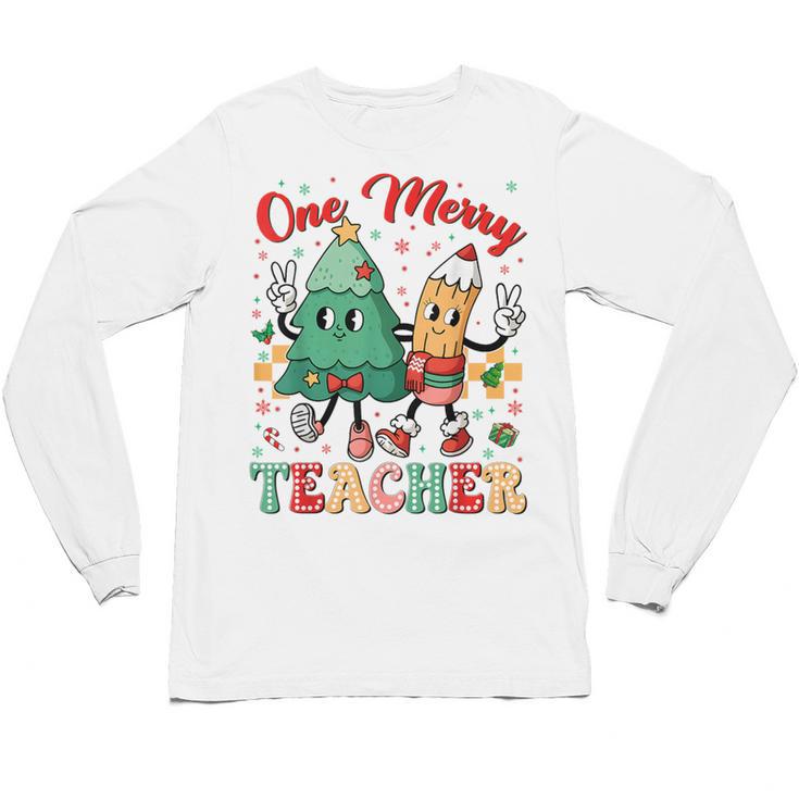One Merry Teacher Groovy Christmas Tree Pjs Xmas Teacher Unisex Long Sleeve T-Shirt