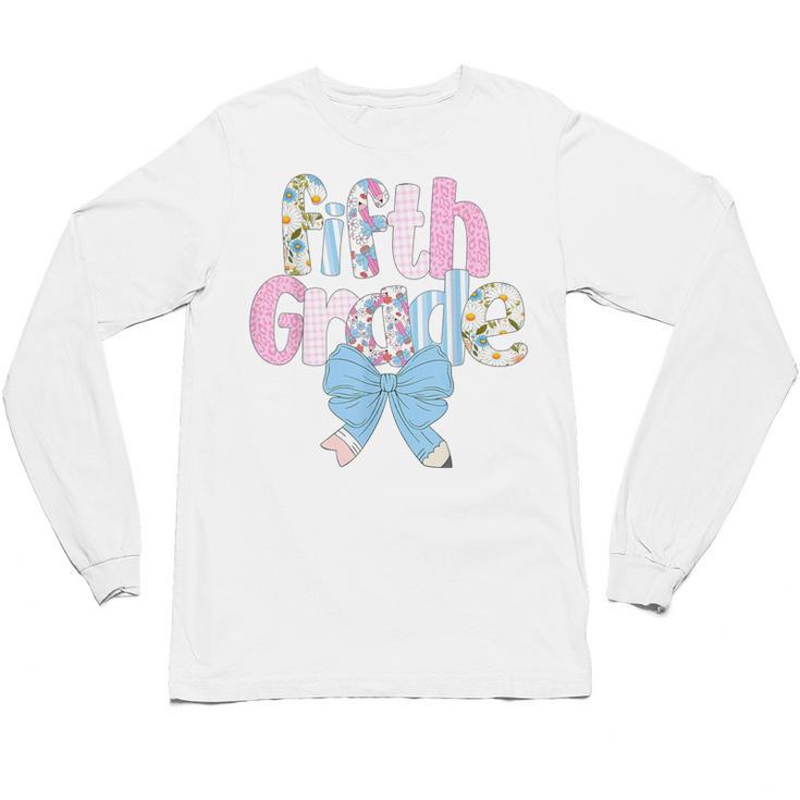 Preppy Fifth Grade Teacher Blue Floral Coquette Pencil Bow Unisex Long Sleeve T-Shirt