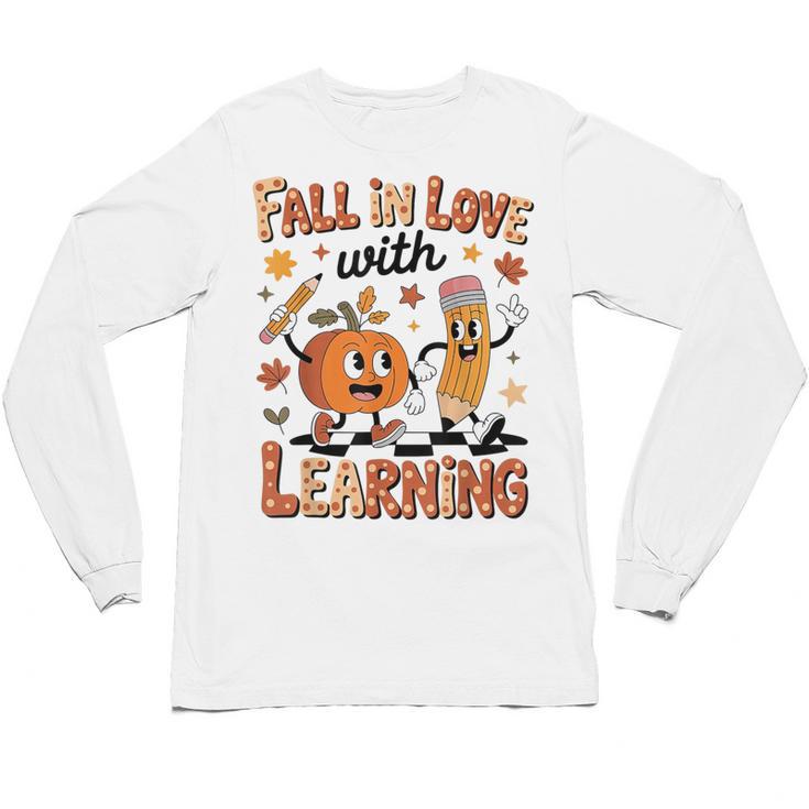 Retro Fall In Love With Learning Autumn Pumpkin Teacher Kids Unisex Long Sleeve T-Shirt