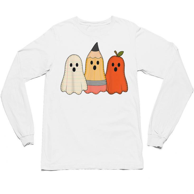 Retro Pencil Ghost Boo Spooky Teacher Halloween Costume Unisex Long Sleeve T-Shirt