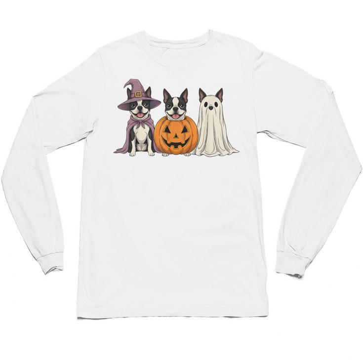 Spooky Ghost Boston Terrier Pumpkin Halloween Dog Lover Unisex Long Sleeve T-Shirt