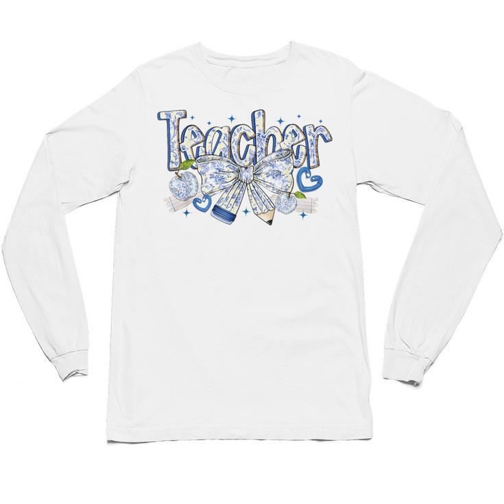 Teacher Blue Chinoiserie Coquette Bow Heart Teacher Life Unisex Long Sleeve T-Shirt