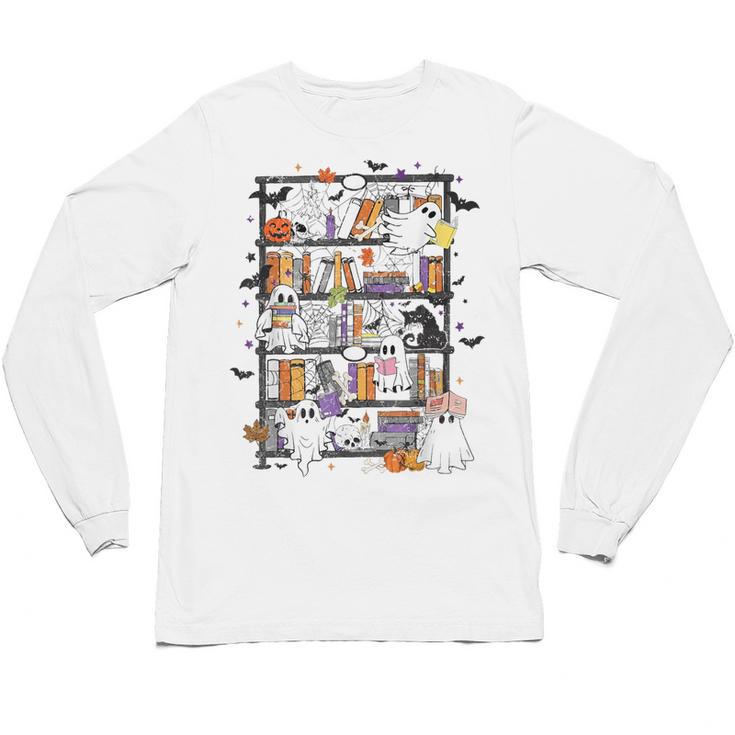 Teacher Library Ghost Reading Book Halloween Cat Unisex Long Sleeve T-Shirt
